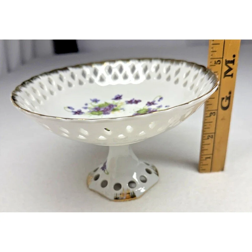 Lefton China Reticulated Pedestal Compote Bowl Violets Gold Trim Japan Vintage
